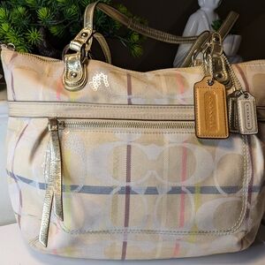 Coach Poppy Signature Ivory Gold Tattersall Sequined Glam Tote Style 19867